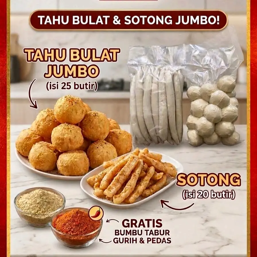 Tahu Bulat Jumbo & Sotong Jumbo isi 25 & 20 butir Gratis Bumbu Tabur Gurih & Pedas