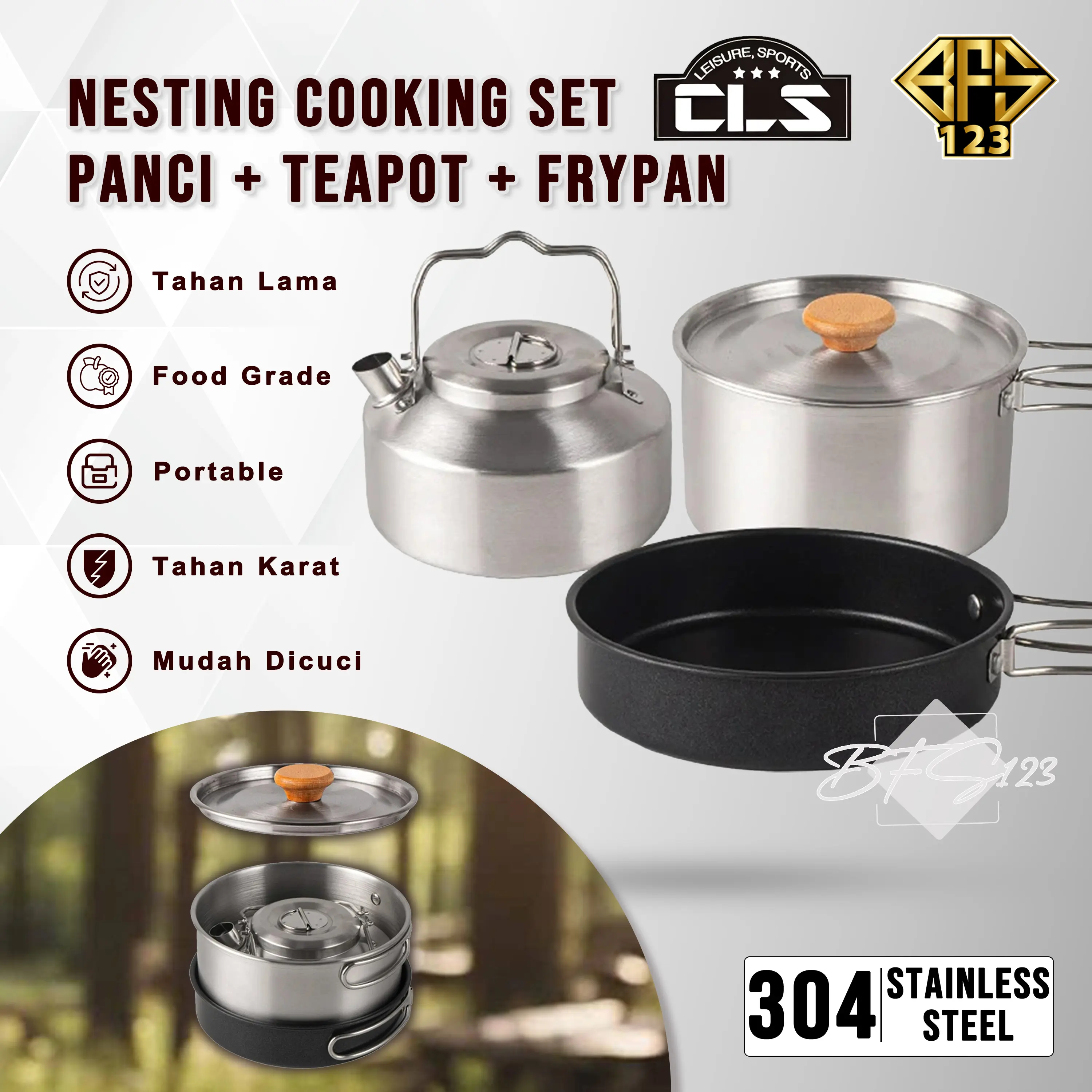 Nesting Cooking Set Teapot Peralatan Masak Camping Hiking Panci 1,6 L Fry Pan 0,8 L Pot 1 L Stainless 304 nesting  camping gear