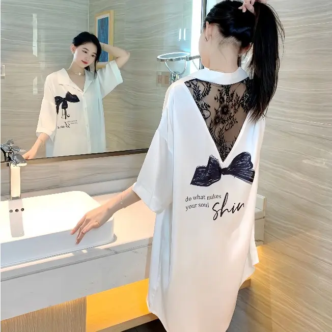 Baju tidur sutera ais tiruan untuk wanita, baju tidur lengan pendek longgar, renda bersambung nipis, busur popular, rasa tinggi, musim panas 2023