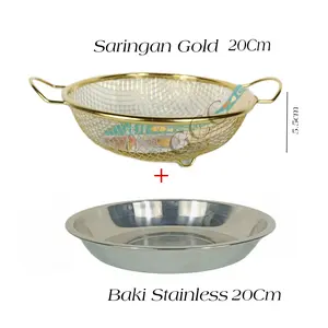 Keranjang Buah Estetik Warna Gold Kombinasi Nampan Stainless Saringan Peniris Elegan Sultan Tiris Minyak Gorengan Lengkap Baskom