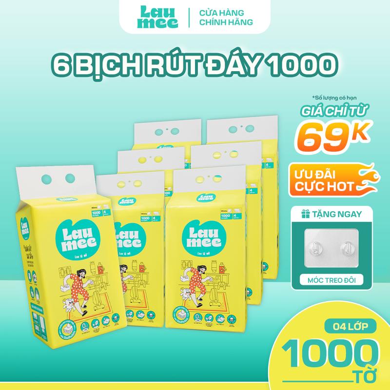 [GIÁ TỐT] Thùng 6 Bịch LAUMEE 1000 Tờ Khăn Giấy Rút Đáy 4 Lớp Mềm Mịn, Dễ Treo Tường, Rút Êm Không Bụi, Dùng Bếp Bàn Ăn Phòng Khách, Giấy Ăn Tiết Kiệm Cho Gia Đình