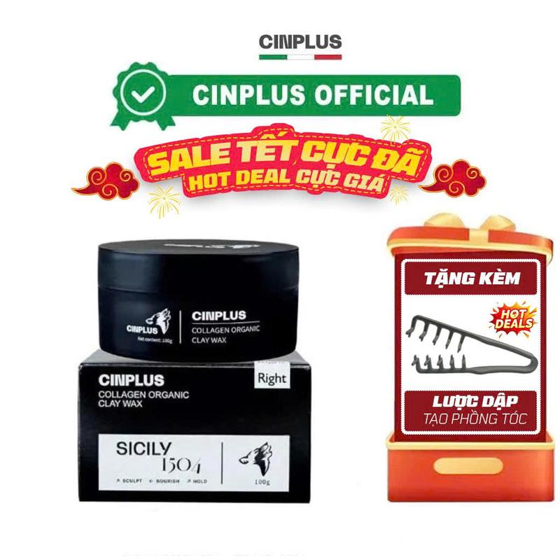 Sáp vuốt tóc CinPlus Clay Wax Sicily 1504 Right 100gr màu đen bản mới chính hãng CIN PLUS  + Tặng lược dập phồng 