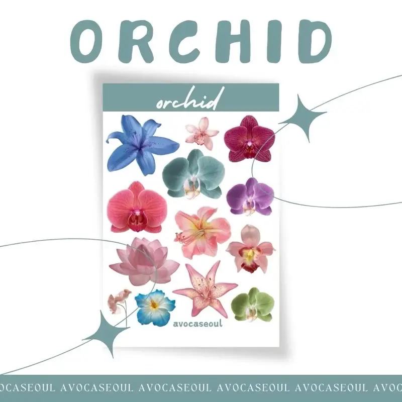 sticker sheet orchid aesthetic ins korea untuk dekorasi scrapbook, deco pola, journaling,  phonecase, headphone, stiker lucu