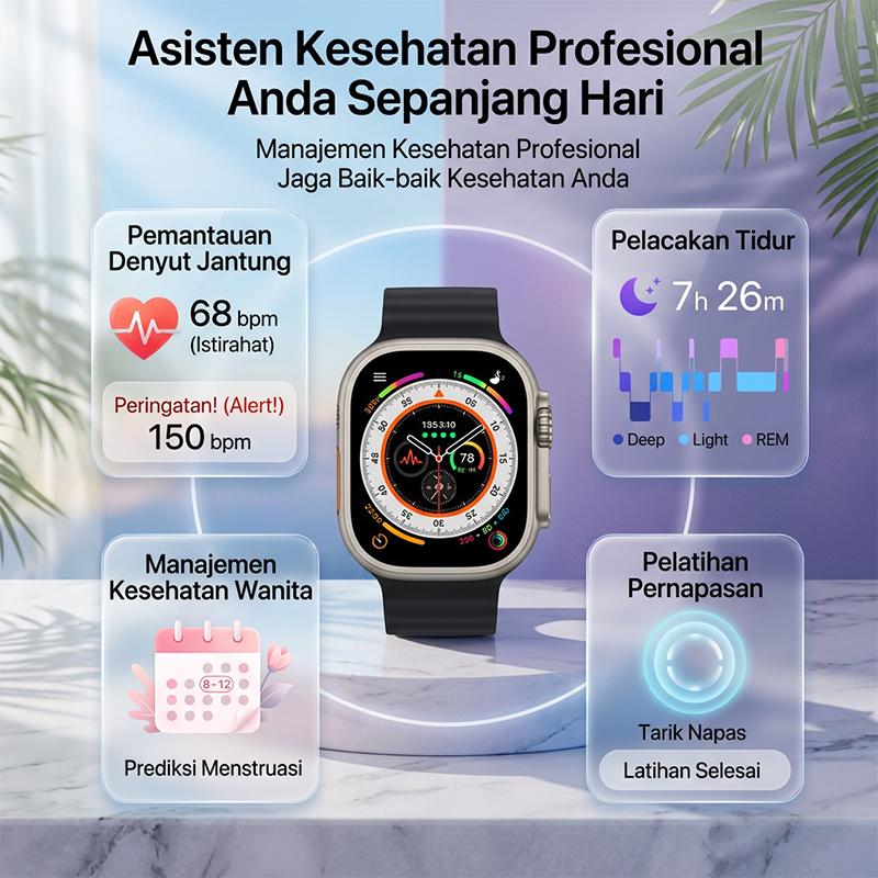 T900 ULTRA — Termasuk Bonus Tali Jam — Konektivitas Bluetooth — Mendukung iOS & Android — Pelacakan Kesehatan & Notifikasi Media Sosial