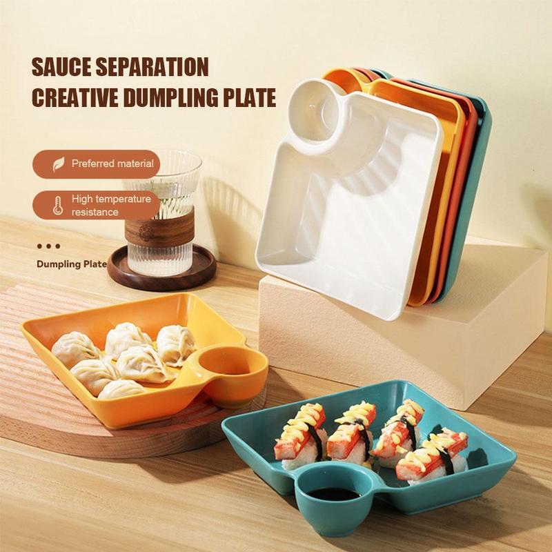 Product Introduction of Household Creative Dumpling Plate With Vinegar Dish, Dumpling Plate, French Fries, Dipping Saucer, Sushi Grid Plate, Square Universal Dining Plate 34
