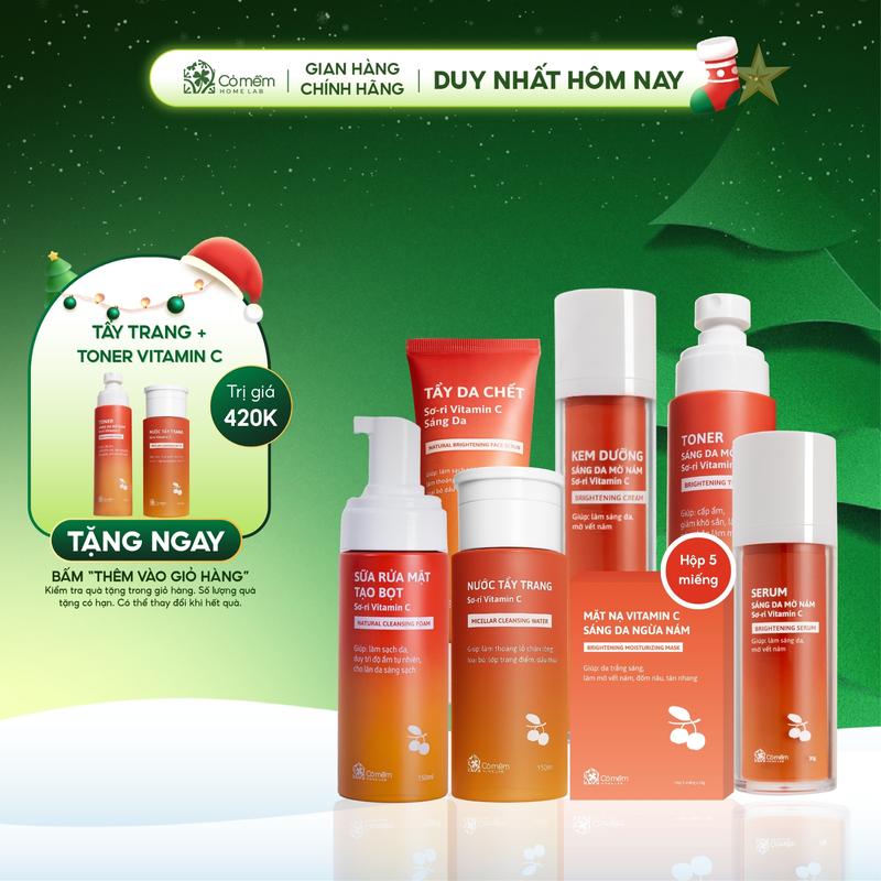 Trọn Bộ Chăm Sóc Da 7 Bước Tẩy Trang Sữa Rửa Mặt Tẩy Da Chết Toner Serum Kem Dưỡng Mặt Nạ Vitamin C Giúp Mờ Nám Sáng Da Chiết Xuất Sơ Ri Cỏ Mềm