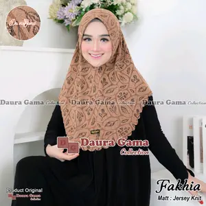 Alfiera - FAKHIA Bergo Instant Hijab Ped sabit jersey knit Motif Daun by Dauragama Muslim