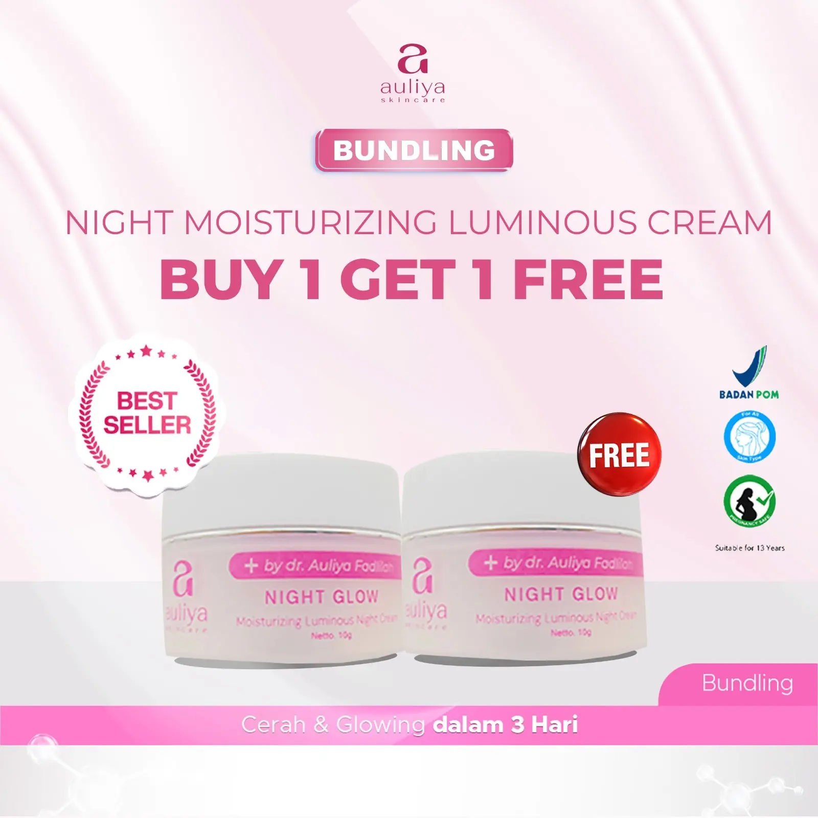 [BUY 1 GET FREE 1] Auliya Skincare Night Glow Moisturizing Luminous Night Cream - Krim Malam Pemutih Wajah Glowing Pelembab Kulit Retinol Moisturizer Glowing