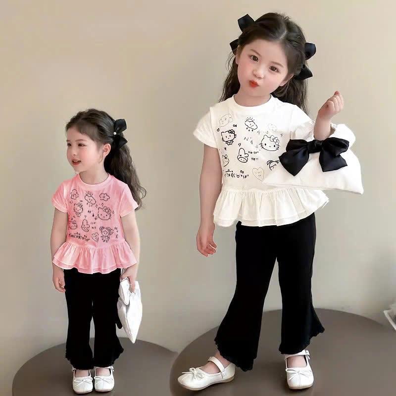 Bộ hoạt hình kitty may viền, quần ống loe dáng điệu cho bé gái, vải cotton, size 12-35 kg