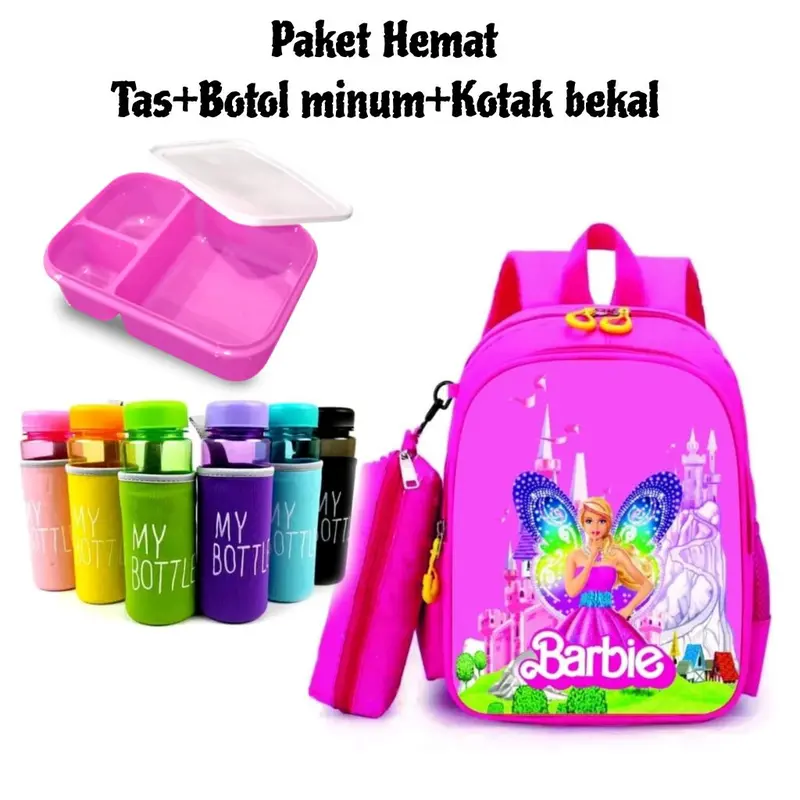 Paket Tas Ransel Anak Motif BArbie bonus botol minum dan kotak bekal Fashion 3