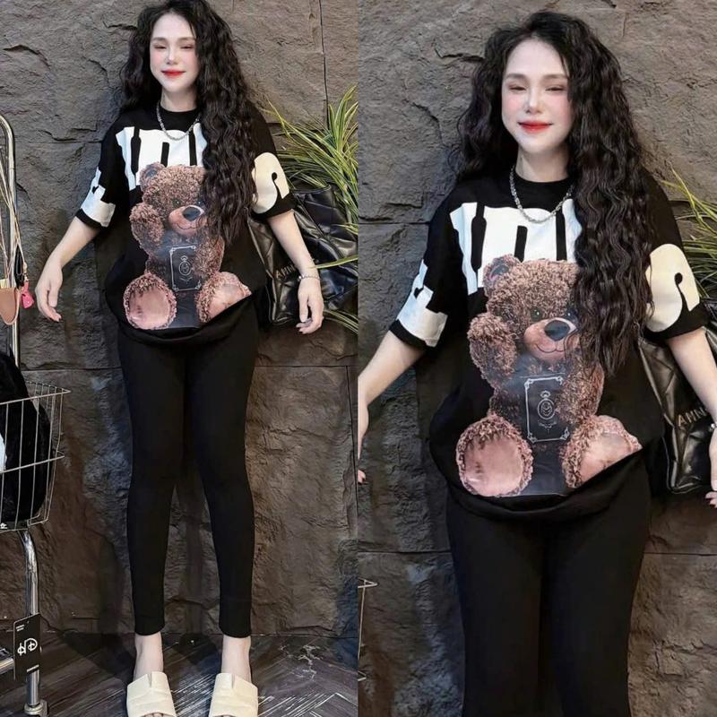 { Chất Liệu Tăm Lạnh QC } Set Đồ Bộ Nữ Dáng Ôm + Áo Fom Rộng In GẤU XÙ Bigsize 45-85Kg Đi Chơi Hè Top Nữ