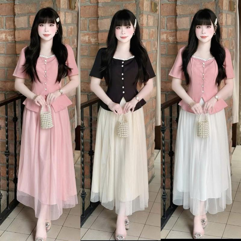 Set tiểu thư thiết kế dành cho nữ B23 áo cổ phối viền ren đính núc bọc chân váy xoè tiểu thư đủ size S M L XL XXL cho đám đi chơi dự tiệc
