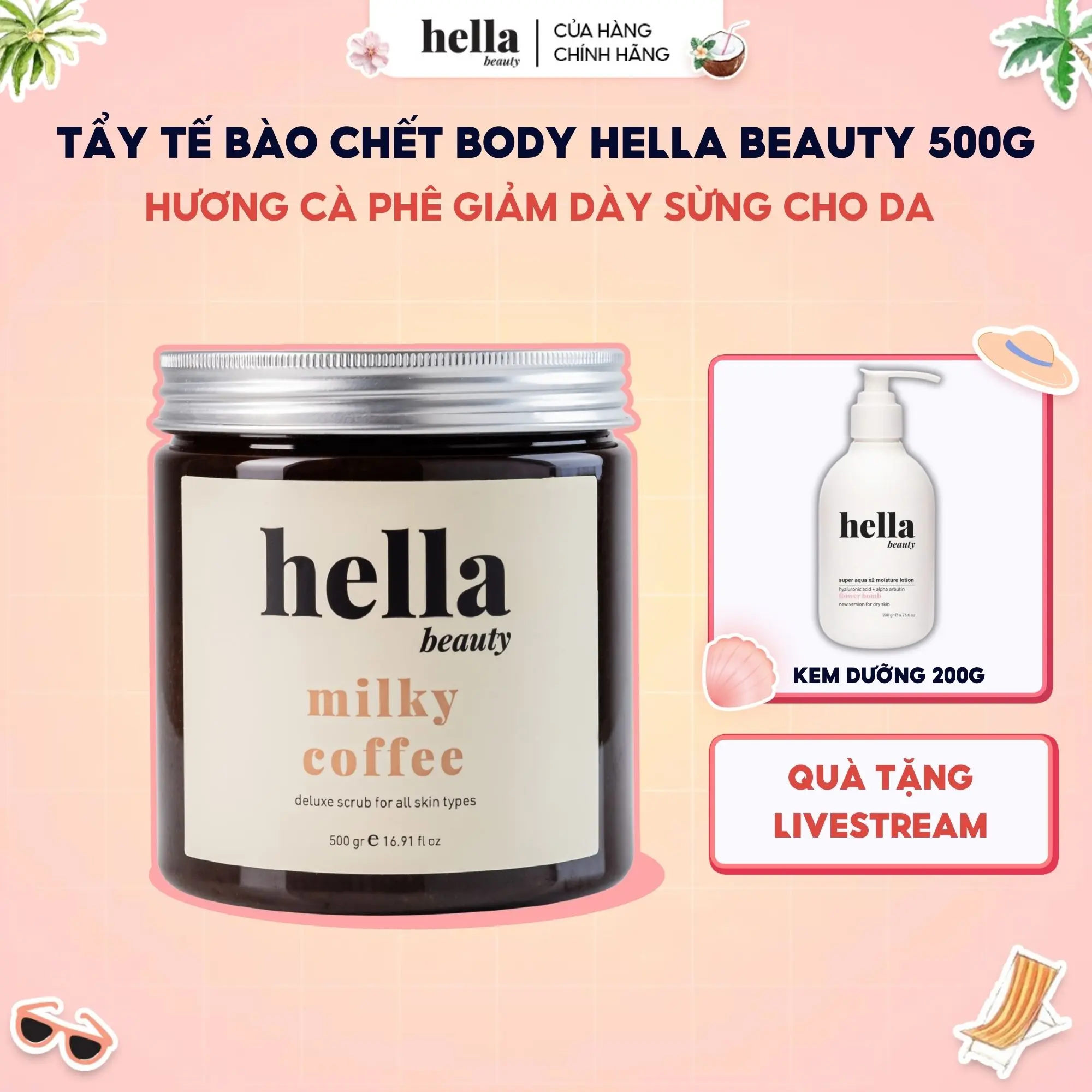 (HELLA TẶNG 1 QUÀ) Tẩy Tế Bào Chết Body Cà Phê Hữu Cơ 500g Hella Beauty Dưỡng Da Body