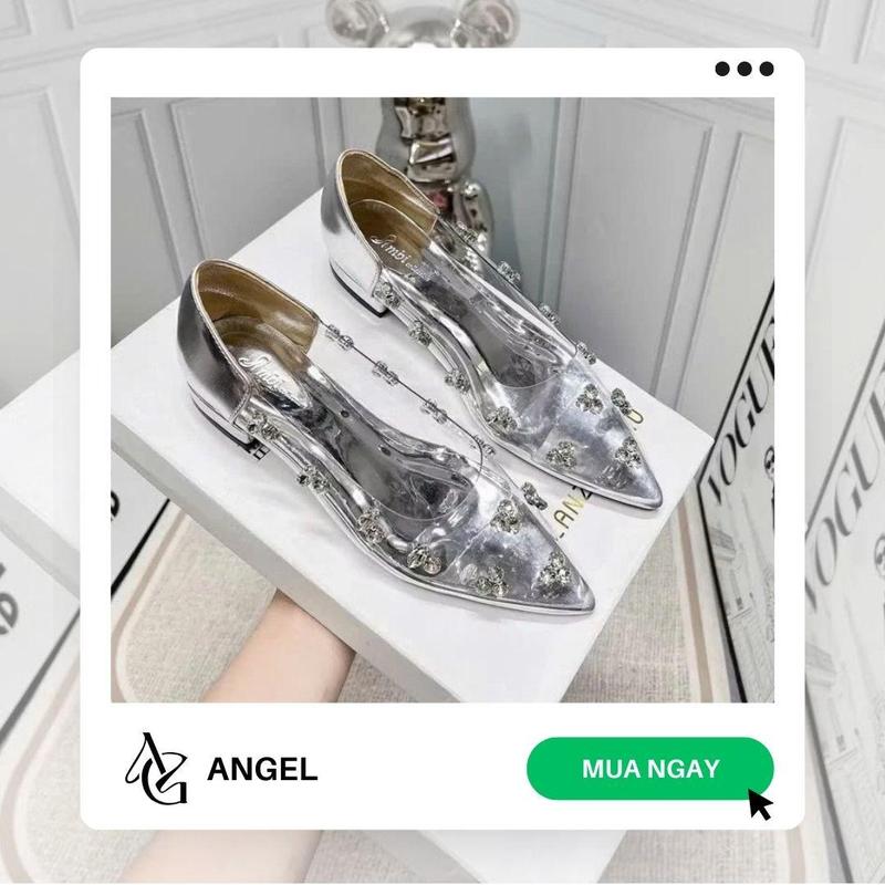 Giày Búp Bê Nữ Pha Lê, Giày Nữ Pha Lê Trong Suốt Đính Đá Đế Đỏ Mũi Bịt 2CM Hàng Chuẩn Full Box - N06