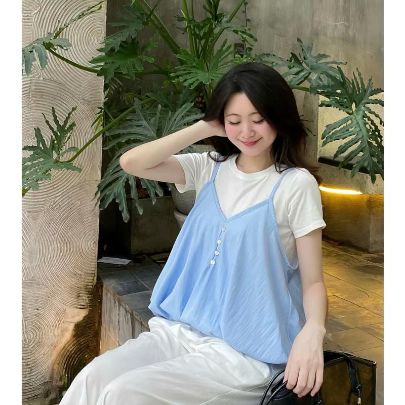 (KÈM ÁO THUN) Kozoda Set Áo kiểu nữ SM406 2 dây chất đũi lì kèm áo thun cotton dáng babydoll viền bèo tiểu thư Hàn Quốc