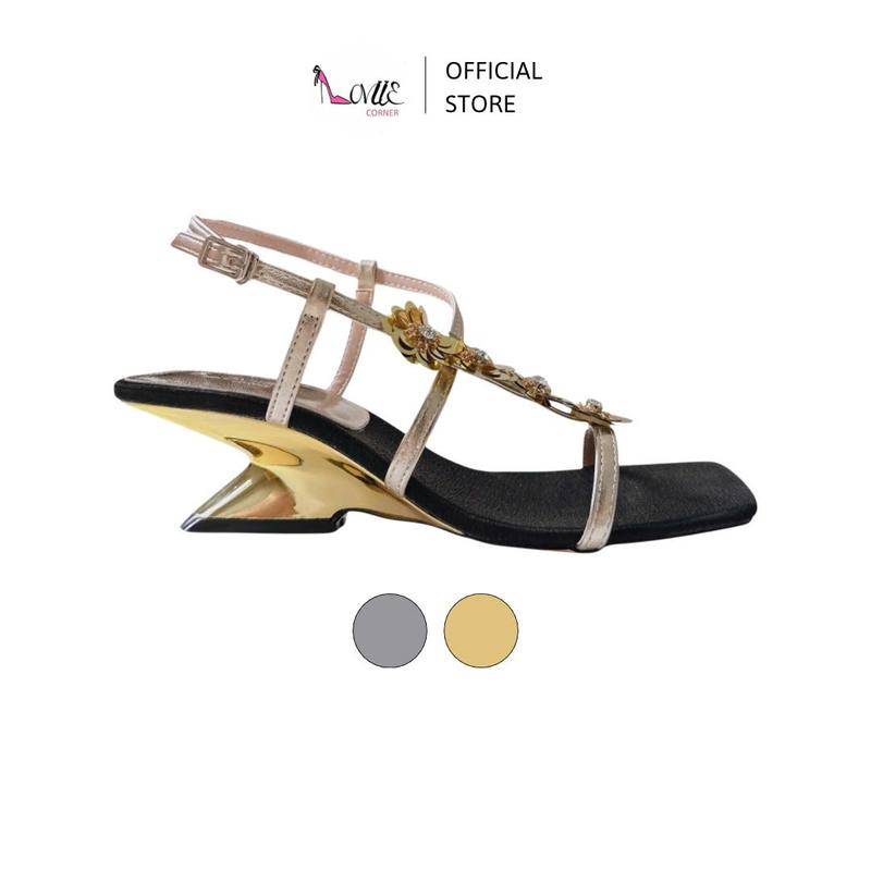  LOVIIECORNER - GIÀY CAO GÓT THỜI TRANG  MŨI VUÔNG SANG CHẢNH - SANDAL CAO GÓT DÂY MẢNH ĐÍNH HOA GÓT KHOÉT EO CAO 5 PHÂN - GG250825 