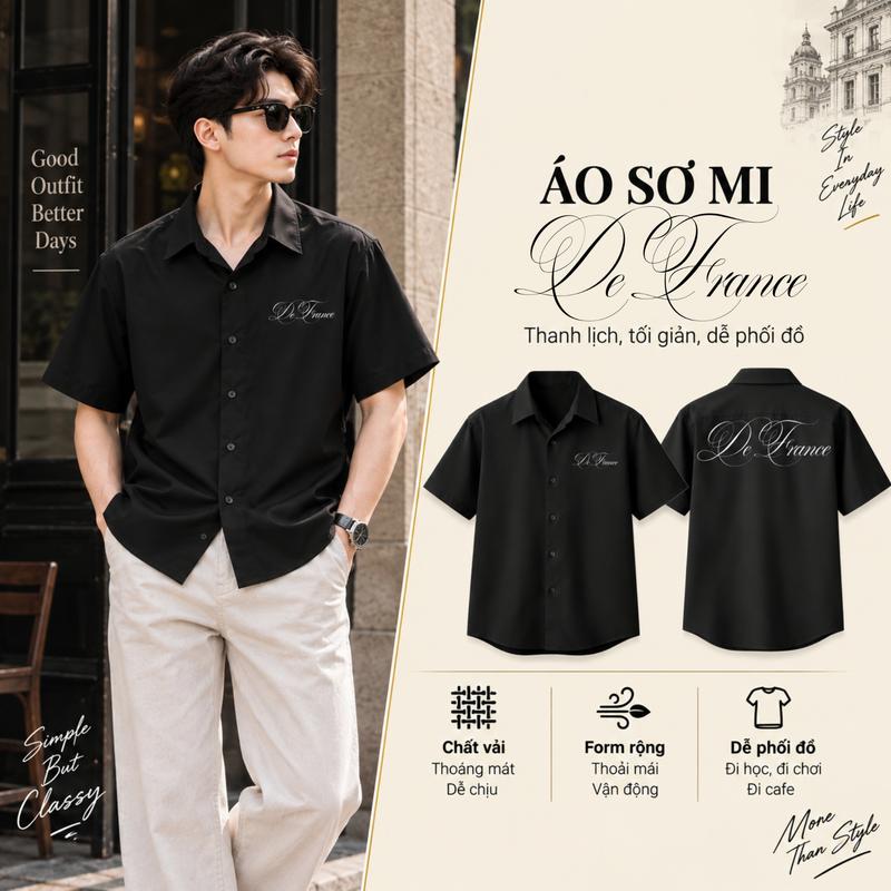 Áo sơ mi tay ngắn France Trắng Đen Unisex chất liệu lụa cao cấp không nhăn không co rút thoáng mát