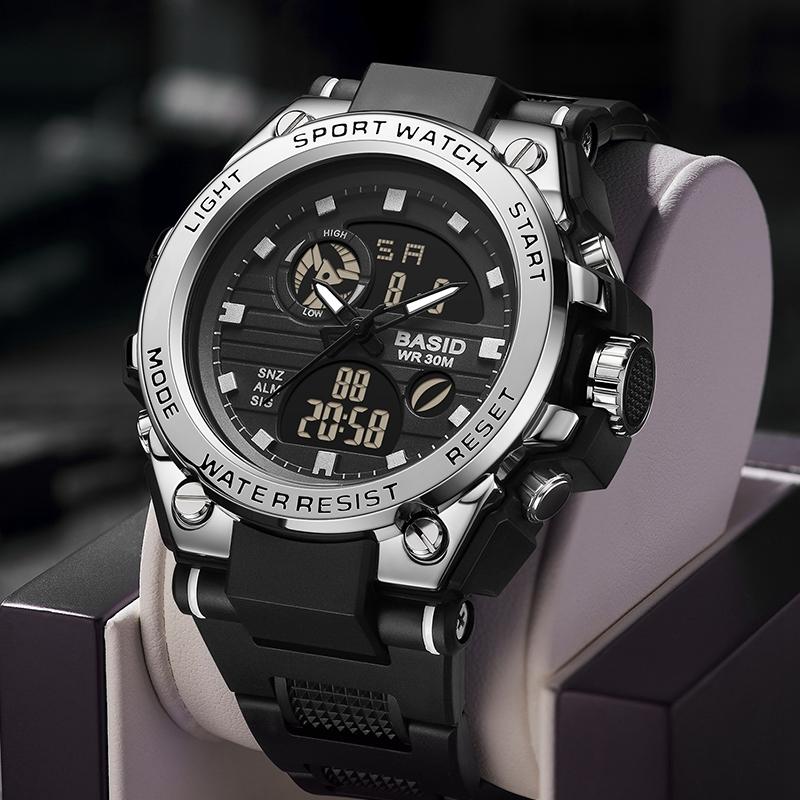 Đồng Hồ Điện Tử, BASID, Phong Cách Cổ Điển 739, Thời Trang Phổ Biến, Dành Cho Nam, Không Thấm Nước, Đồng Hồ Mặt Số Kim Và Kỹ Thuật Số Thể Thao