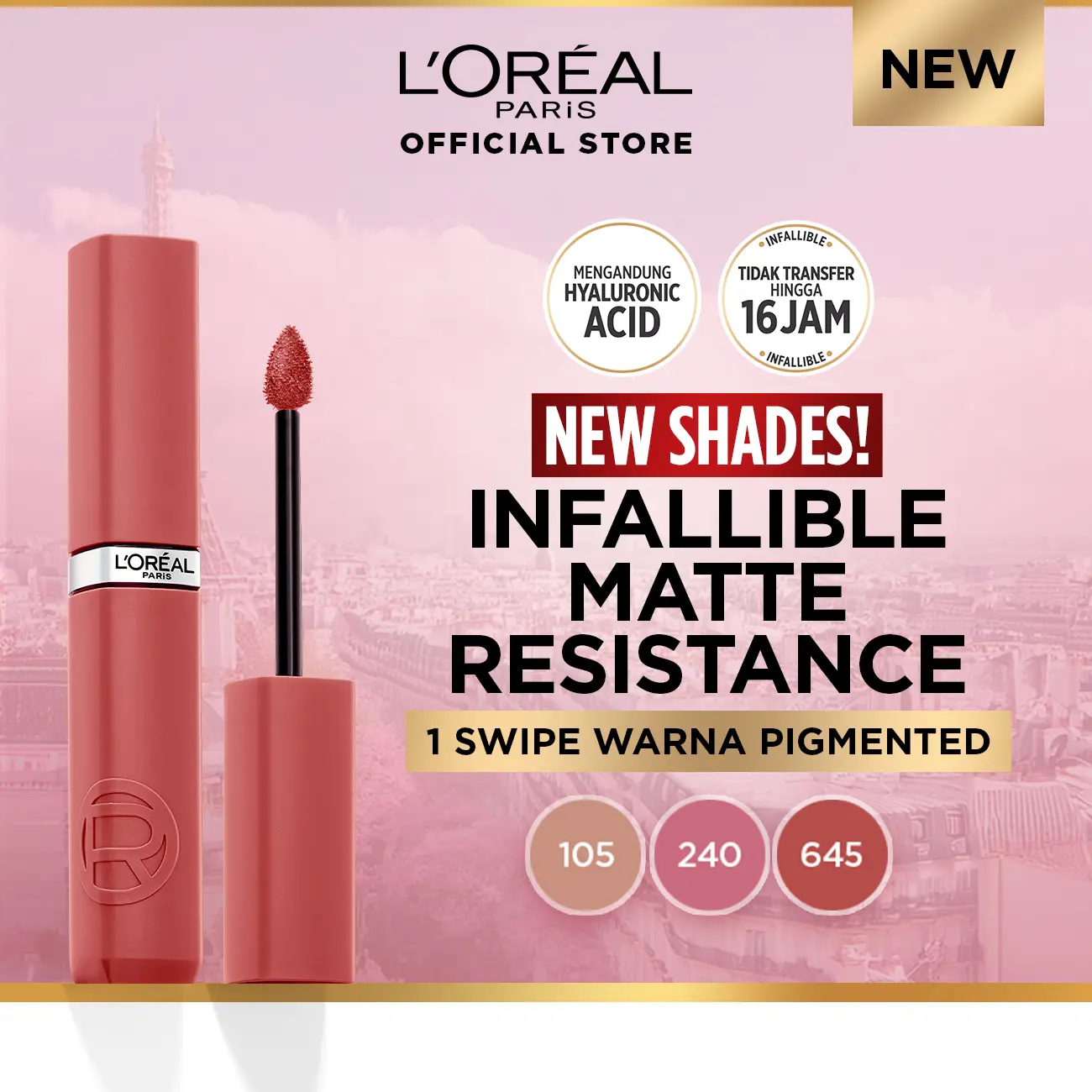 [HANYA HARI INI] L’Oreal Paris Infallible Matte Resistance Liquid Lipstick for 16 Jam Long Lasting, Tidak Transfer, Transferproof, Tidak Kering dengan Hyaluronic Acid