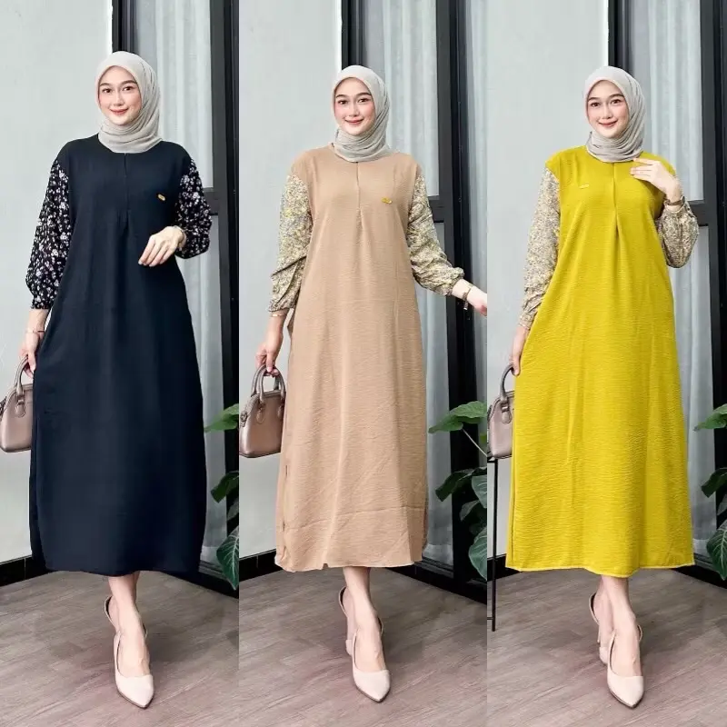Paket Daster 3 Pcs  Gamis Crinkle Airflow Ld 120 Pb 130 Kombinasi Lengan Motif 3