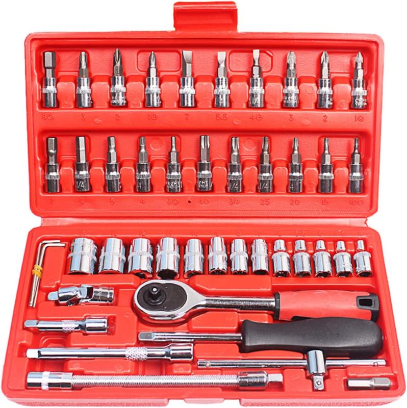 Juego de 46 llaves de trinquete y herramientas de dados Kit de reparación de destornilladores de accionamiento de 1/4 de pulgada Juego de llaves de vaso combinadas con estuche de almacenamient - Foto 1