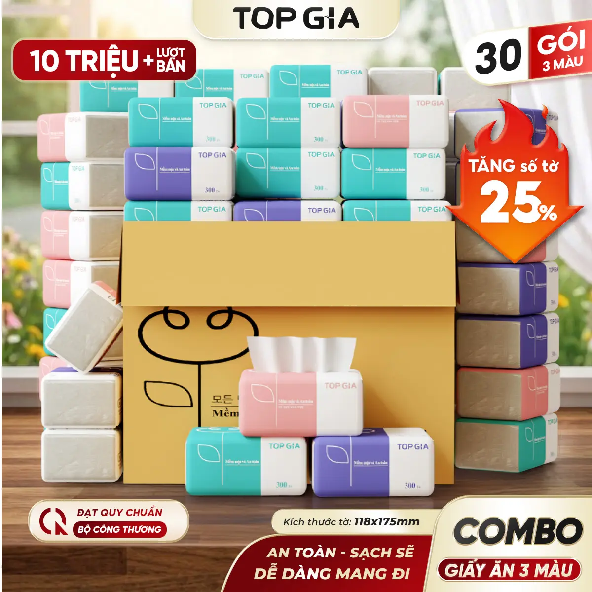 (GIẢM GIÁ) Thùng 30 gói giấy 3 màu TOPGIA chính hãng - Khăn giấy tiện lợi 4 lớp - giấy rút cao cấp Đạt Chuẩn Bộ Công Thương Top Gia HCM VTG38