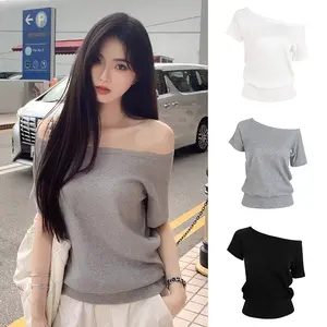 Kaos lengan pendek longgar kasual warna abu-abu untuk wanita, cantik