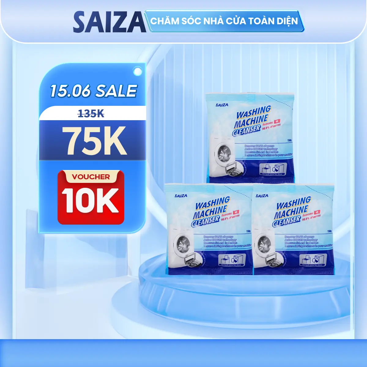 Combo 3 Gói Bột Vệ Sinh Lồng Máy Giặt Saiza Giúp Làm Sạch Lồng Giặt Hiệu Quả