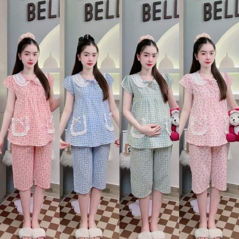 Đồ Bộ - Đồ Ngủ Bầu Dáng Xòe Cổ Sen Caro Hoa Nhí Dễ Thương
