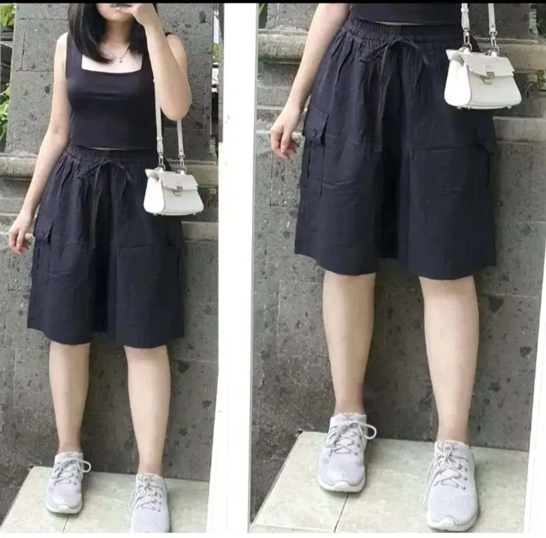 Celana Pendek Cargo Wanita Bahan Linen - Hotpant Cargo Hightwaist Wanita - Celana Cargo Wanita Model Kekinian - Celana Pendek 3/4 | Standar dan jumbo - Nyaman Model Full Karet Pinggang Depan Tali