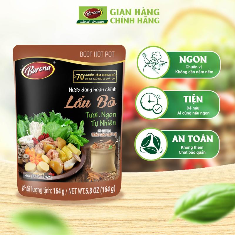 Combo 1 hộp 10 gói Gia Vị Nước Dùng Lẩu Bò Barona 164g tươi ngon chuẩn vị không cần nêm nếm