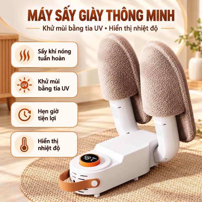 Máy Sấy Giày Khử Mùi Cao Cấp Diệt Khuẩn Tia UV Thông Minh, Máy Sấy Khô Giày 48 Độ C Hẹn Giờ Tự Động Cao Cấp