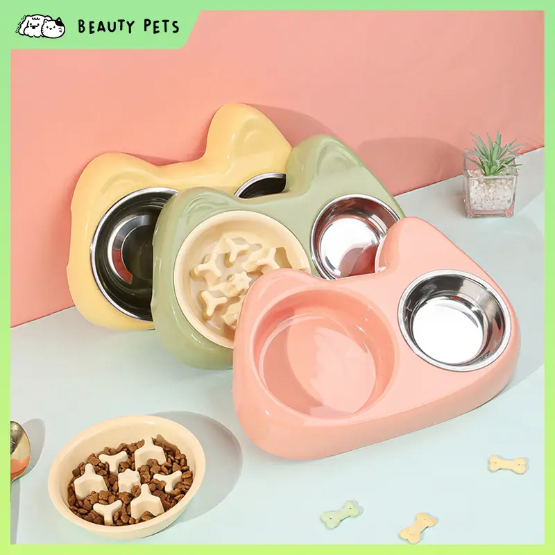 BP-010102 Tempat Makan Hewan Double Anjing & Kucing, Mangkok Hewan Anti Tumpah, Pet Bowl Stabil dan Kokoh, Mangkuk Makan Kucing Praktis dan Nyaman