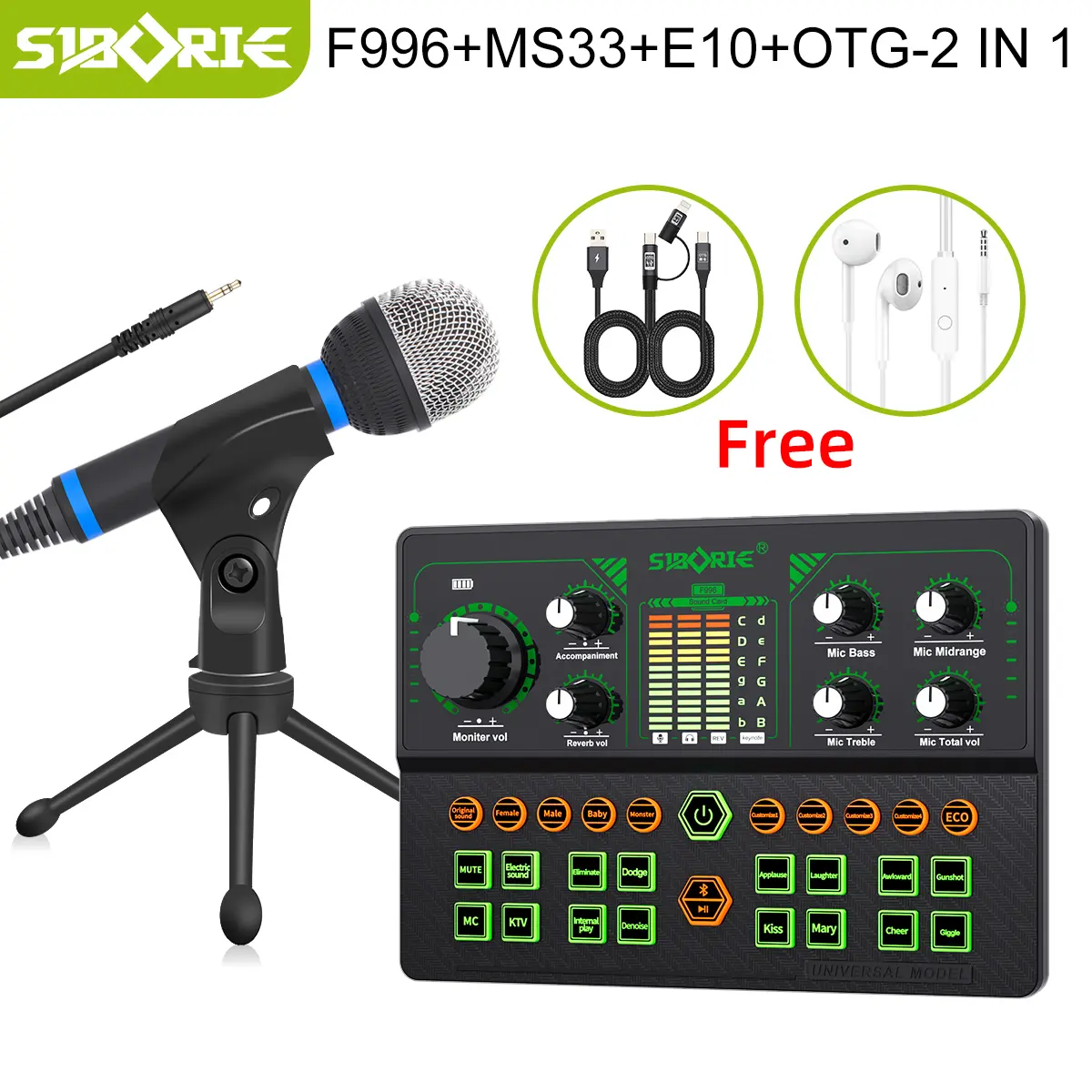 Siborie Siap COD F996 Soundcard+MS33/36/38 Mic+FREE OTG-2IN1 dan E10 Headset  Pengiriman Cepat Satu Set Dudukan Lengkap Gratis