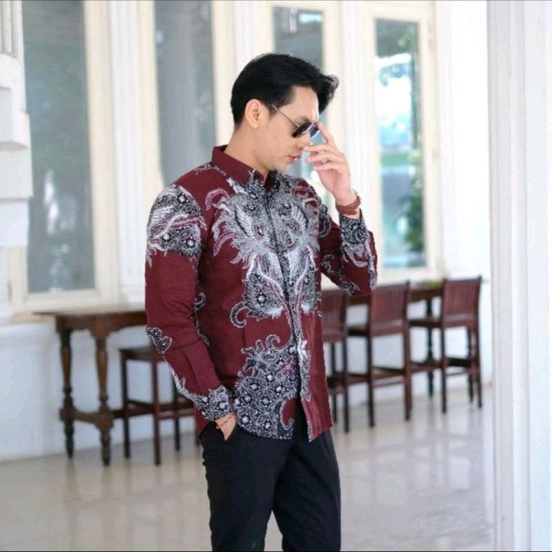 Kemeja Batik Jumbo Dewasa Pria - Warna Brukundy - Baju, Katun Formal Panjang 2