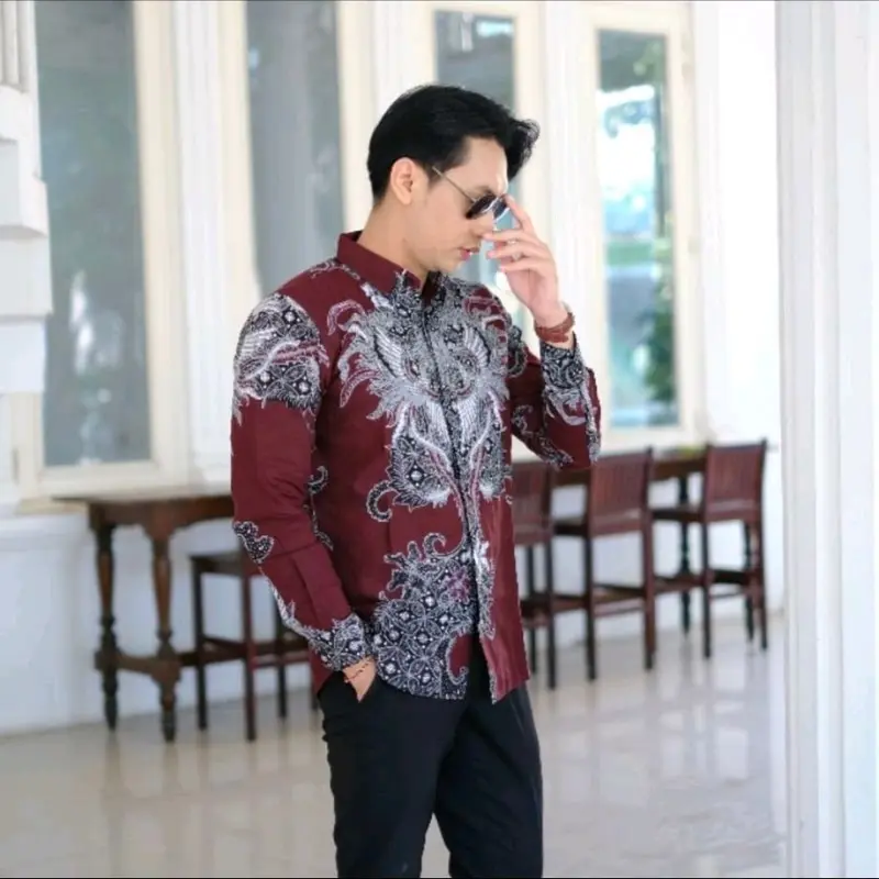 Kemeja Batik Jumbo Dewasa Pria - Warna Brukundy - Baju, Katun Formal Panjang 2