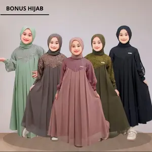 Gamis Set Hijab Anak Inara Dress Bahan Ceruty Babydoll Premium Brokat Baju Muslim Syari Anak 5-13 Tahun Setelan Kondangan Anak
