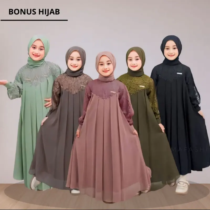 Inara Kids Set Pashmina Gamis Anak Perempuan 5-13 Tahun Dress Kondangan Setelan Anak Gamis Brukat Baju Wanita Muslim Syari Ceruty 0
