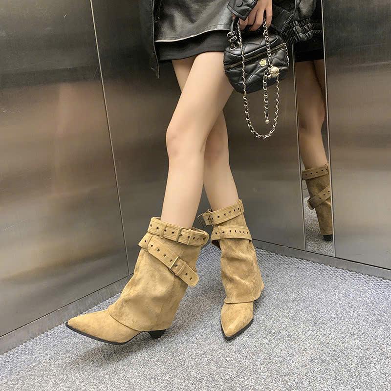 DANY Bốt Nữ Cao Cấp Chất Da Lộn Phối Đai Phong Cách Retro Cao 4cm Hàng QCCC Mẫu Mới