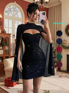 Vestido mini ajustado de moda sexy, diseño de chal neto, mangas de capa y lentejuelas brillantes, vestido de fiesta de temporada, moda otoño invierno