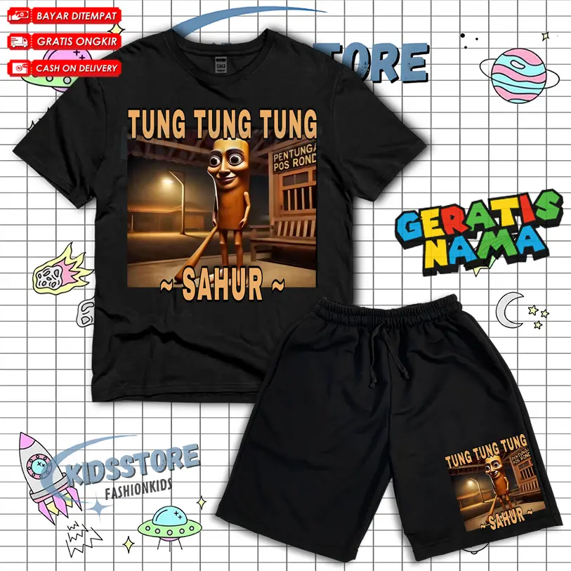 (BISA COD) Setelan Anak Kaos Celana Pendek Anak TUNG TUNG TUNG SAHUR Free Nama / Set Kaos Celana Boardshort Anak Logo TUNG TUNG SAHUR Fashion Anak