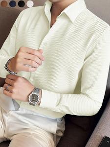 Camisa de hombre con jacquard de cuadros y botones, corte regular, manga larga y cuello para verano, ropa de moda para uso diario