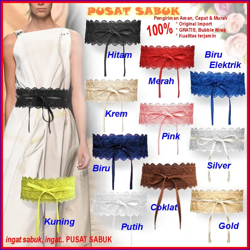Gesper Cewek Ikat Tali Pinggang Sabuk Obi Belt Wanita Fashion Korea Impor Kain Kepang Hitam Karet
