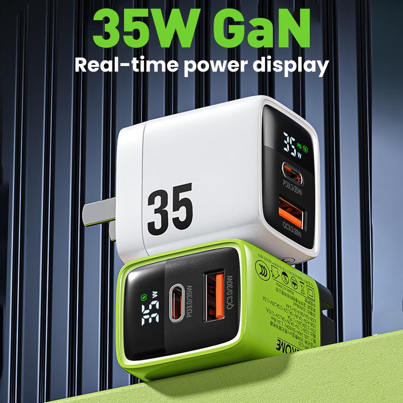 Wekome Củ sạc nhanh GaN, WP-U25, Màn hình nguồn, USB-A và Type-C (2 cổng), Màn hình thời gian thực của công suất sạc, Hỗ trợ PD / QC, Bộ sạc tường, Tương thích với iPhone 16 Pro Max, Samsung, Xiaomi, Redmi, Infinix