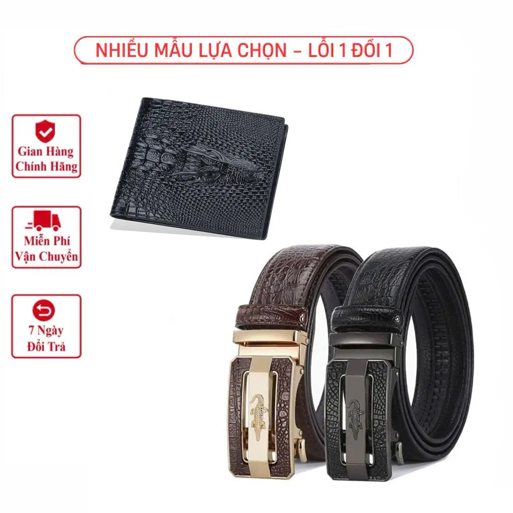 ( Tặng Ví Cá Sấu Hoặc Mũ ) Thắt Lưng Nam Da  Hai Lớp Vân Cá Sấu Cao Cấp Khóa Tự Động Ko Gỉ, Dây Nịt có thể cắt