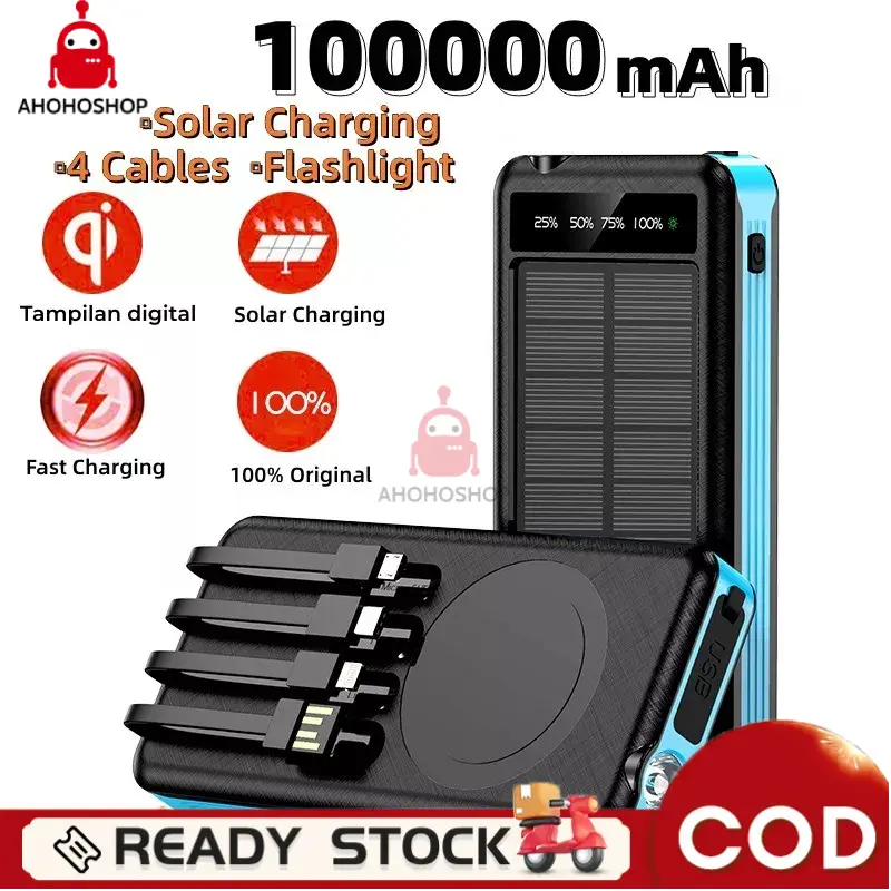 【100% ORI】Solar Powerbank 100000 mAh 50000 mah With 4 kabel original Power Bank Murah Fast Charging Senter LED Outdoor Portable Powerbank 20000 mah 0