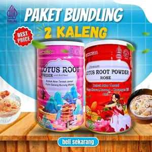 Oufen Paket Bundling 2 Kaleng Lotus Root Powder Rose Chia Seed & Ubi Ungu Almond BPOM - Manis Segar Rasa Buah Strawberry Cherry Kismis Kurma Merah Biji Melon Wijen Labu Chia Seed Almond Halal