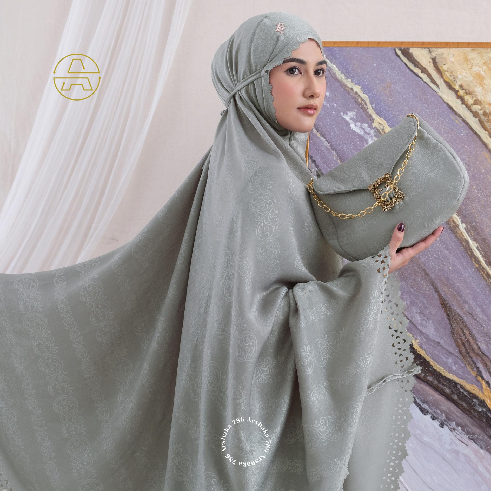 Arshaka 786 - Mukena Dewasa Mewah Sutra Santorini Silk Bunga Lux Laser Cut 2in1 Yasmine Series Arshaka Arshaka 786 - Mukena Dewasa Mewah Sutra Santorini Silk Bunga Lux Laser Cut 2in1 Yasmine Series Arshaka
