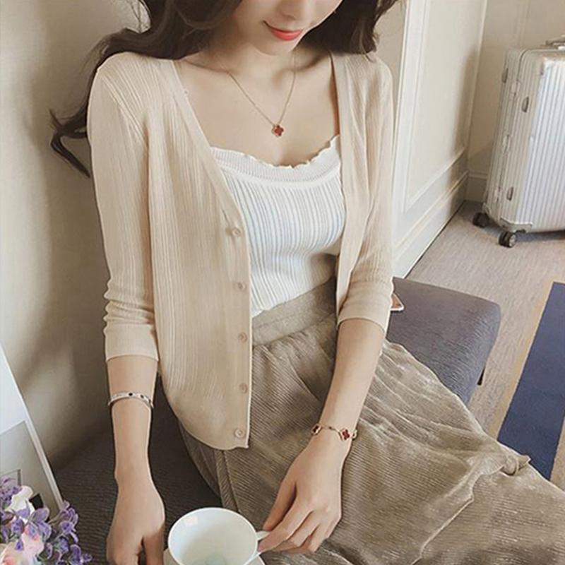 Product Introduction of Ice silk knitted cardigan short jacket for women in spring, autumn, and summer, thin outer layer, shawl with suspender skirt, sun protection top Knitwear Womenswear Lingerie Comfort 10