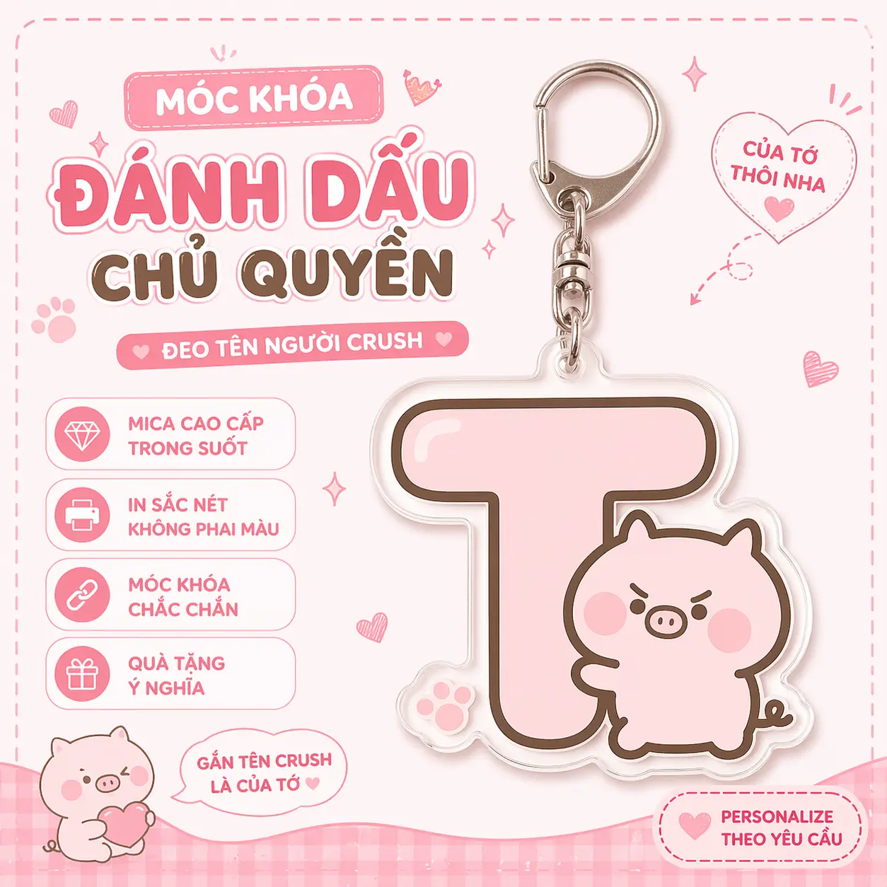 ( QUÀ TẶNG 8/3 )  2 Heo Móc Khóa Chữ Cái heo hồng Dễ Thương Mica 2 Mặt Thiết Kế Độc Đáo